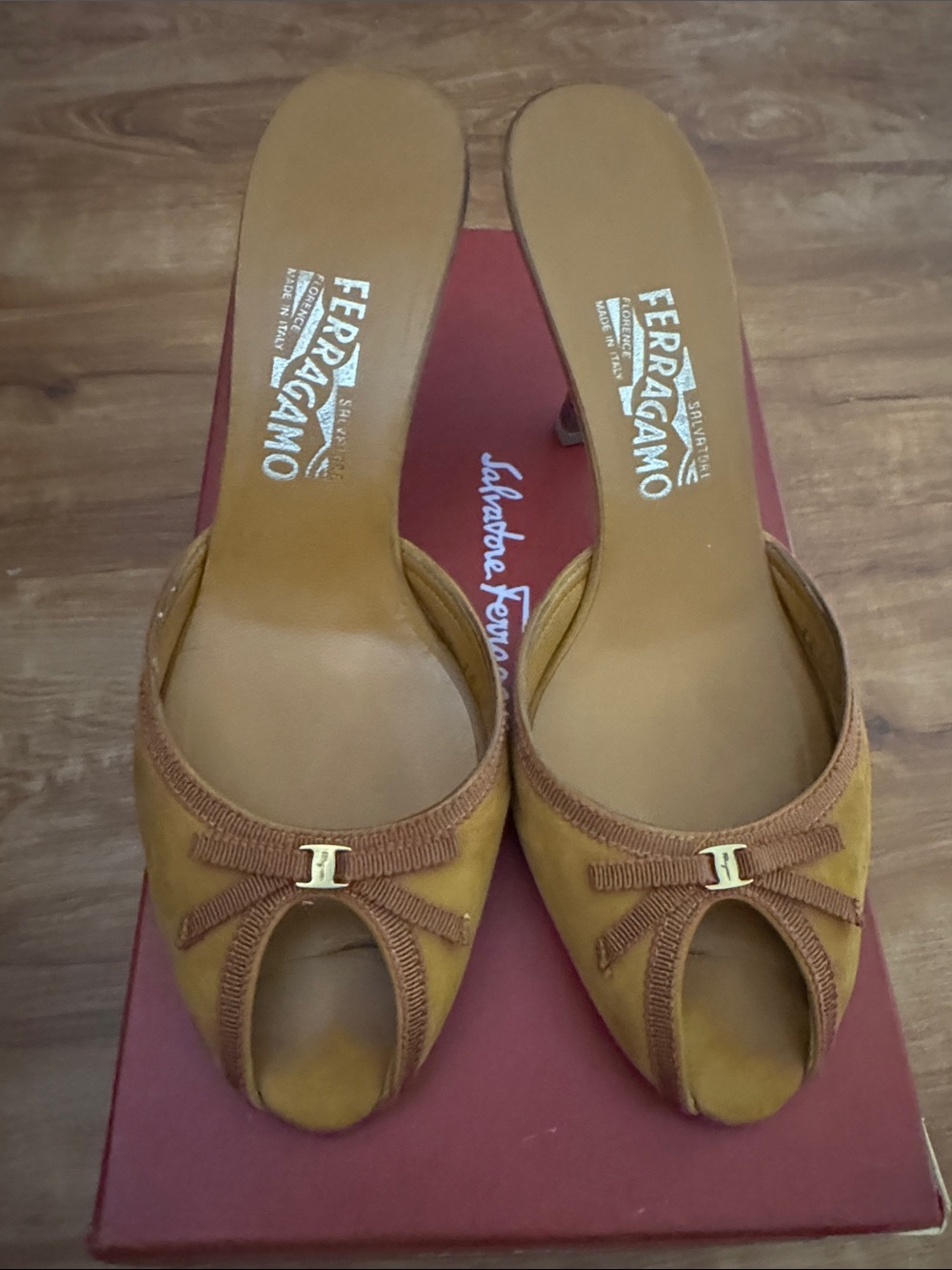 Salvatore Ferragamo Mustard Suede Peep-Toe Mules with Signature Bow